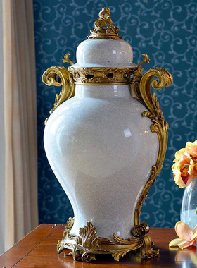 美式新古典陶瓷配铜高档工艺品酒店别墅会所储物罐子大将军坛摆件