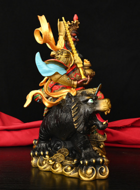 精工纯铜彩绘骑虎元宝武财神赵公明神像佛像中路财神铜像供奉摆件