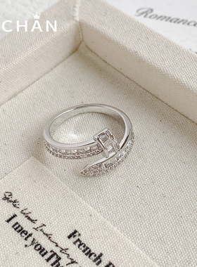 设计感甜酷满钻钉子开口戒指女