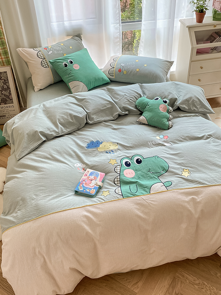 卡通纯棉水洗棉四件套小恐龙刺绣被套男孩床上用品全棉儿童床单 - 图0