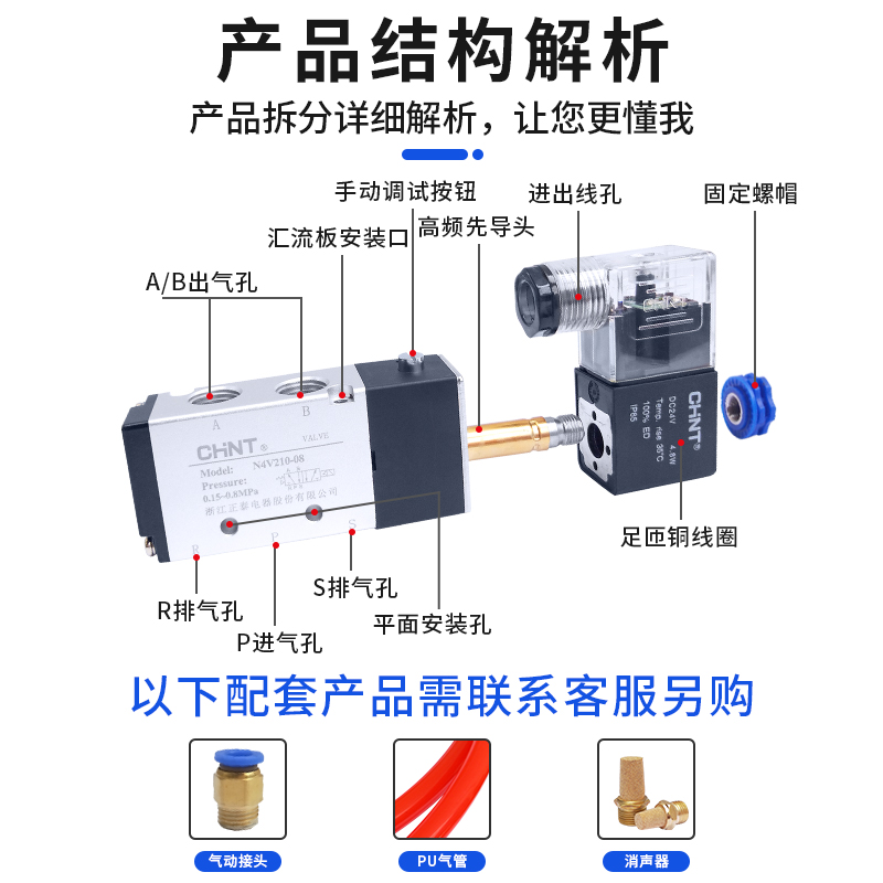 正泰电磁阀4v210-08气动换向气阀控制器开关24v二位五通电子阀220 - 图0