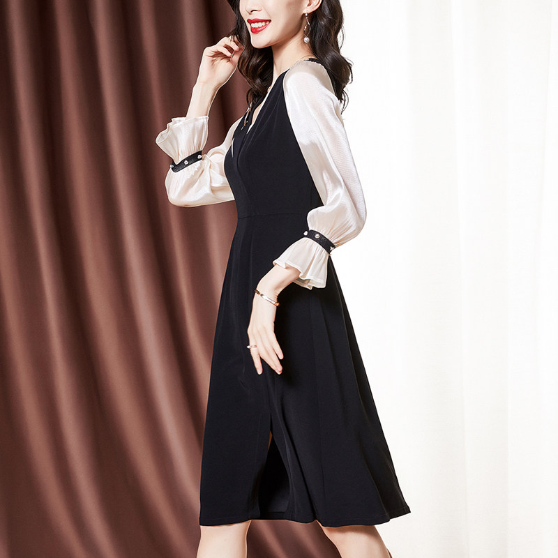 醋酸缎面女长袖中长款2020连衣裙 伊惠连连衣裙