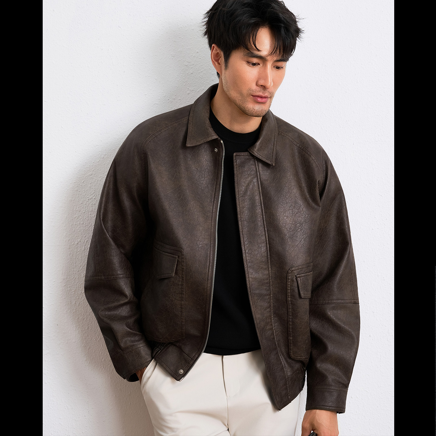 纳特尤尼2025宽松阔版PU皮裂纹时尚休闲皮夹克外套潮流机车男皮衣,淘宝优惠券,粉丝福利购,淘宝优惠卷