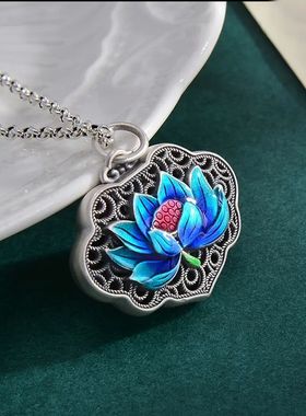 景泰蓝镂空雕刻通用蓝莲花项链