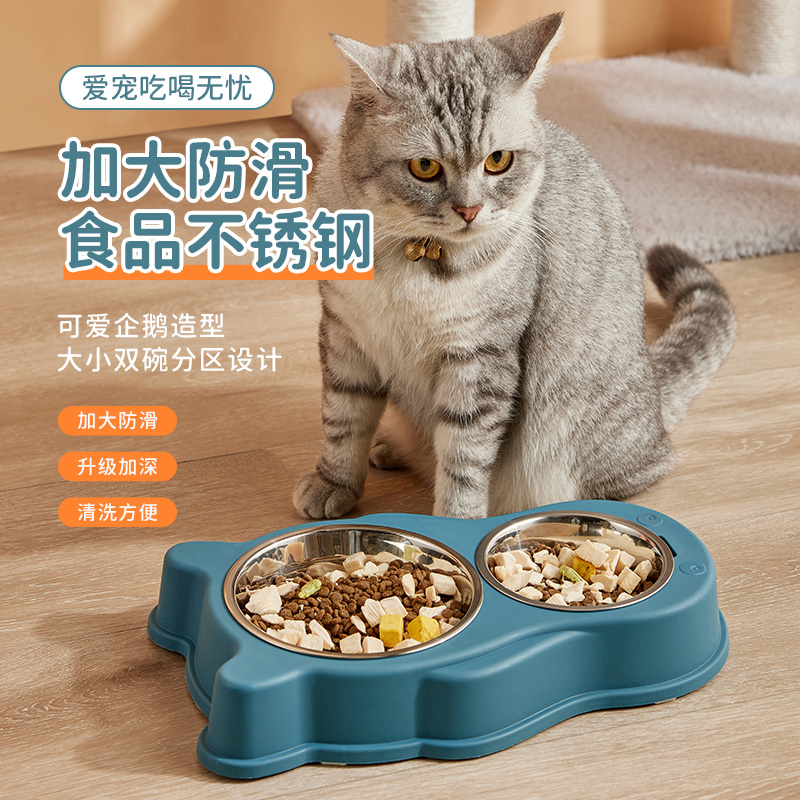 猫碗狗碗防打翻猫咪喝水饭盆宠物中小型猫食盆不锈钢双碗狗狗用品 - 图1