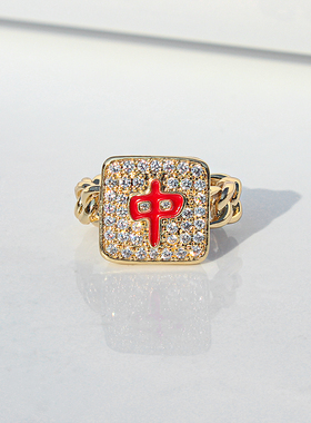 新款小众设计麻将戒指女时尚个性轻奢高级感发财红中指环开口戒子