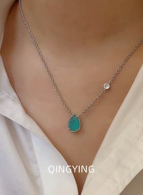 时尚轻奢湖蓝色水滴宝石吊坠项链女高级感简约气质精致锁骨链颈链