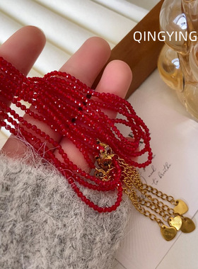 红色水晶尖晶石串珠大红项链choker锁骨链女高级感气质叠戴颈链