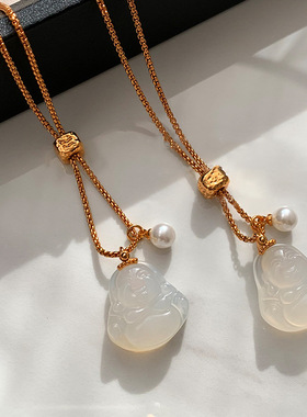 天然玉石弥勒佛公吊坠白玉髓毛衣项链女款玛瑙玉佛秋冬长款锁骨链