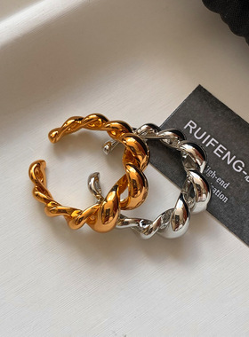 法式金属银色麻花扭结开口食指戒指女小众设计轻奢高级感调节指环