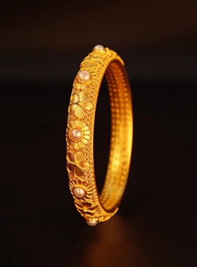 传承沙金镯子十全十美镶珍珠手镯