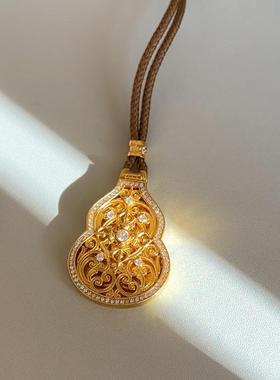 韩国进口通体925纯银24K金沙金花丝葫芦项链吊坠可翻盖点钻金佛