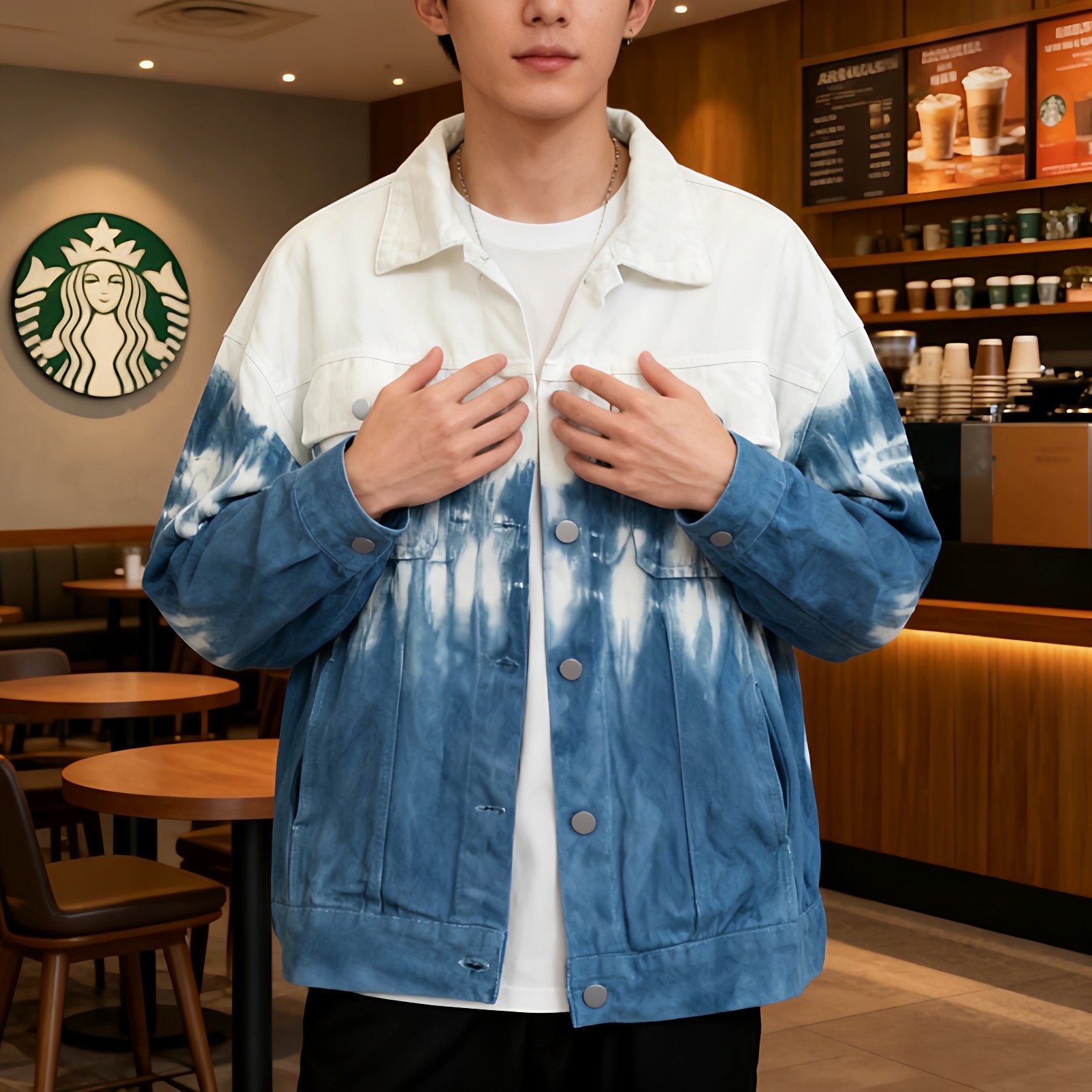 扎染蓝色牛仔外套男夹克2026春季新款韩版休闲衬衫上衣百搭牛仔衣,淘宝优惠券,粉丝福利购,淘宝优惠卷