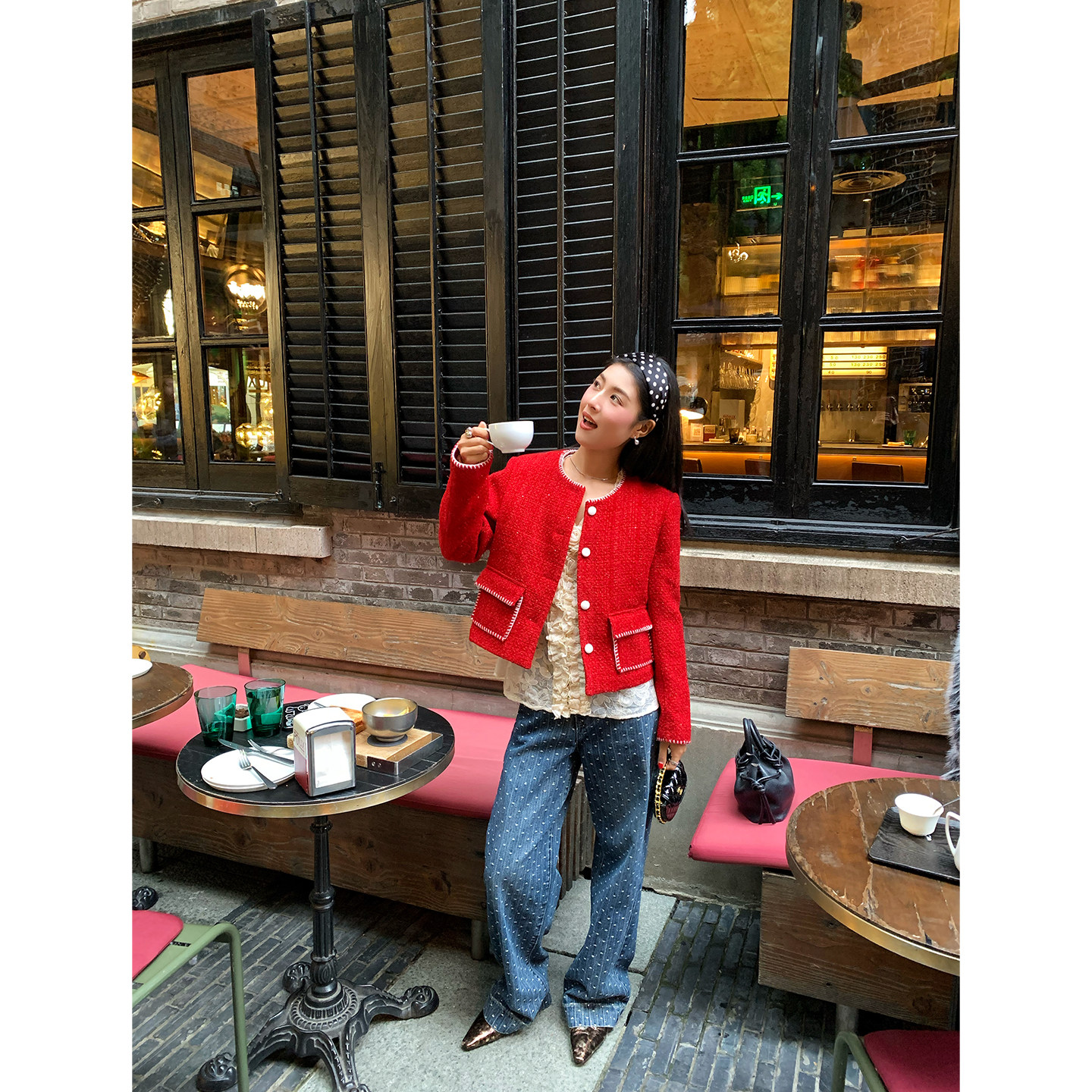 今屿花花 红色短款毛呢外套女2025年新款加厚夹棉小香风呢子外套,淘宝优惠券,粉丝福利购,淘宝优惠卷