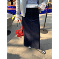藏青色灯芯绒长款 今屿花花 冬季 半身裙女2025年新款 半裙开衩裙子