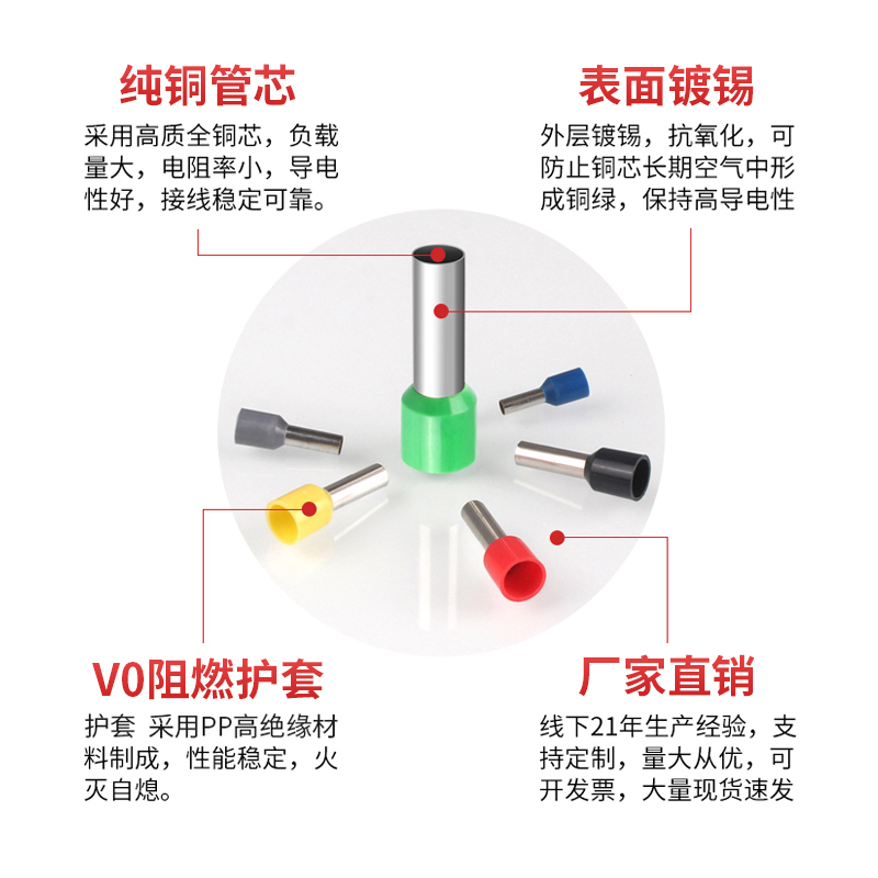 管型端子VE1008冷压针型接线端子针形线鼻子插针线耳1508电线接头 - 图0