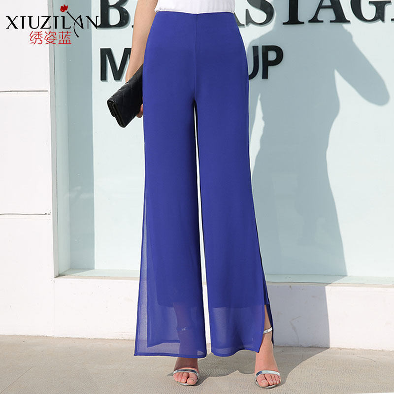 春夏雪纺高腰长裙宽松直筒潮阔腿裤 绣姿蓝休闲裤