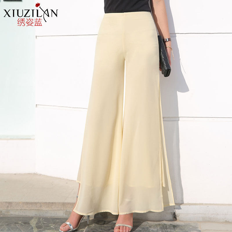 春夏雪纺高腰长裙宽松直筒潮阔腿裤 绣姿蓝休闲裤