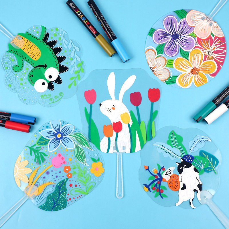 涂鸦透明扇子幼儿园 儿童手工圆扇子绘画扇画画手绘扇面画diy填色