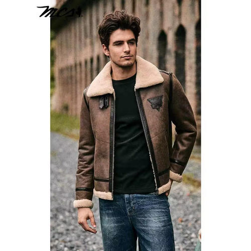 MCS男装美式复古毛领皮衣男短款羊毛皮毛一体B6飞行员皮夹克外套 - 图1