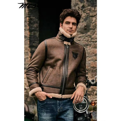 MCS男装美式复古毛领皮衣男短款羊毛皮毛一体B6飞行员皮夹克外套 - 图0