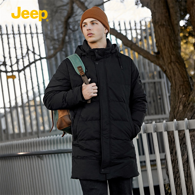 Jeep男装新品连帽中长款羽绒服中年休闲保暖男夹克外套秋冬季男装