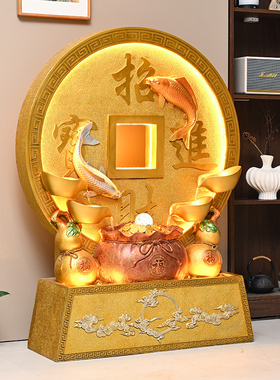尊儒大型新中式水幕墙落地装饰摆件LED灯金色葫芦喷泉招财进宝