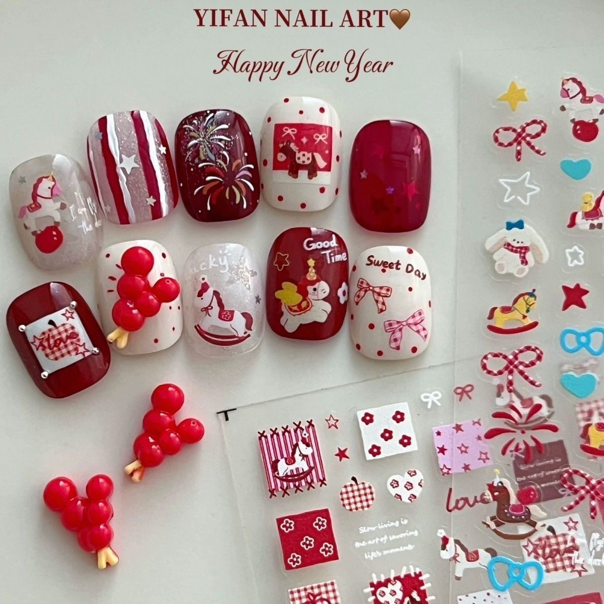 新款马年新年烟花小马浮雕美甲贴纸可爱彩色幸运小马复古diy装饰,淘宝优惠券,粉丝福利购,淘宝优惠卷