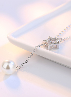 韩版镶钻五角星月亮珍珠银饰项链