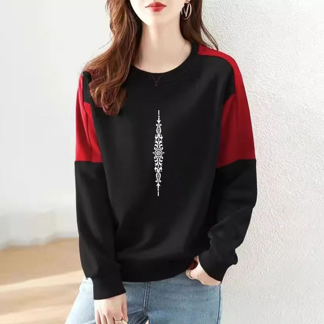 Foreign trade export pure cotton long sleeved casual hoodie women's clothing splicing new European loose and fashionable bottom top