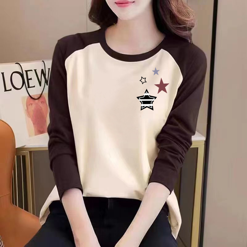 品牌出口出口100%纯棉拼接气质T恤女秋装宽松大码减龄打底衫上衣 - 图1