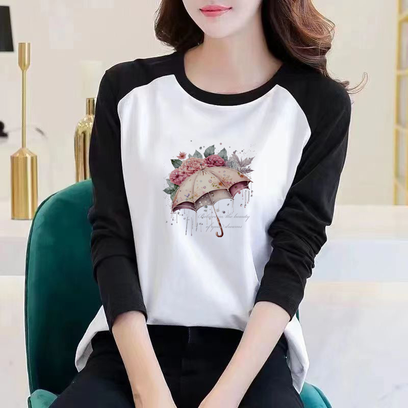 品牌出口出口100%纯棉拼接气质T恤女秋装宽松大码减龄打底衫上衣 - 图3