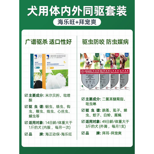 拜宠爽+海乐旺狗体内体外驱虫药宠物犬用蜱虫绦虫跳蚤耳螨眼线虫 - 图1