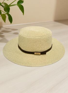 欧美简约个性皮带平顶礼帽夏季宽檐遮阳草帽户外沙滩太阳帽潮自营