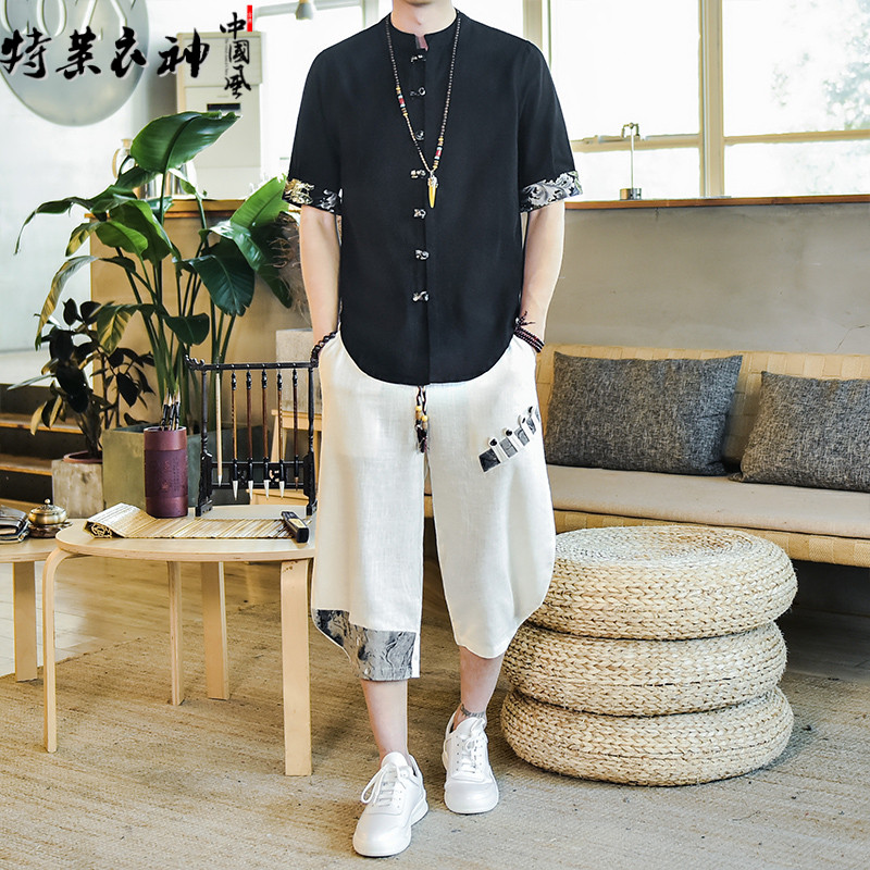 男士亚麻短袖衬衫中国风休闲立领中袖大码唐装外套男士棉麻衬衣夏
