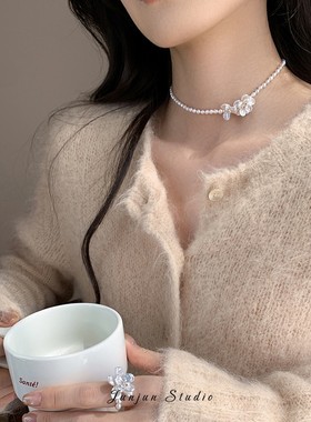 碎银子珍珠山茶花项链