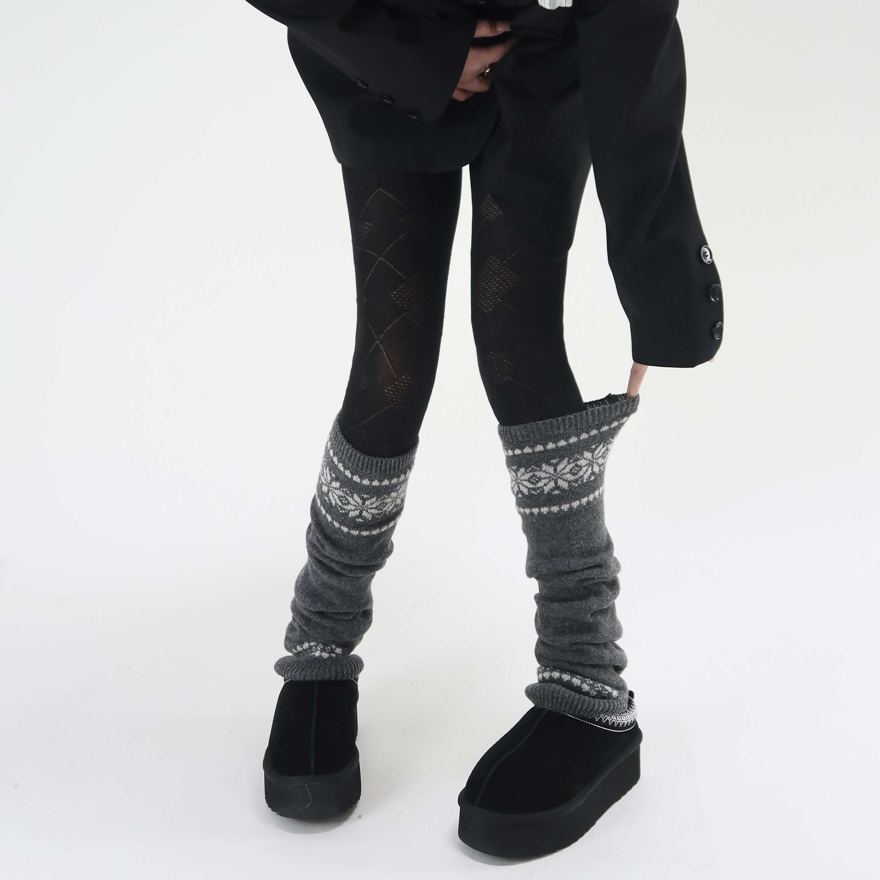 陆甜茶费尔岛女款袜子秋冬堆堆袜套粗线针织雪花显瘦保暖灰小腿套,淘宝优惠券,粉丝福利购,淘宝优惠卷