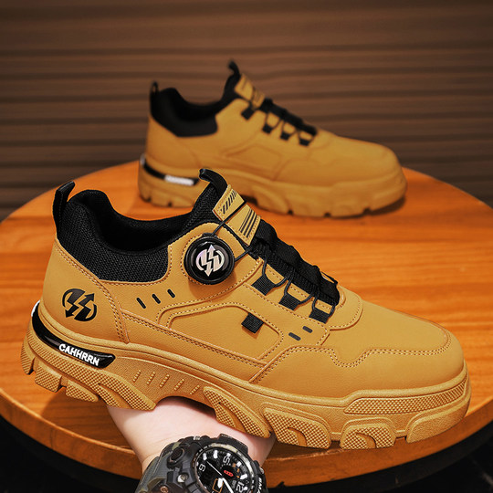 Labor protection men's shoes for winter work at the construction site, non-slip, wear-resistant, waterproof, thick-soled, black mountaineering Martin trendy shoes with velvet