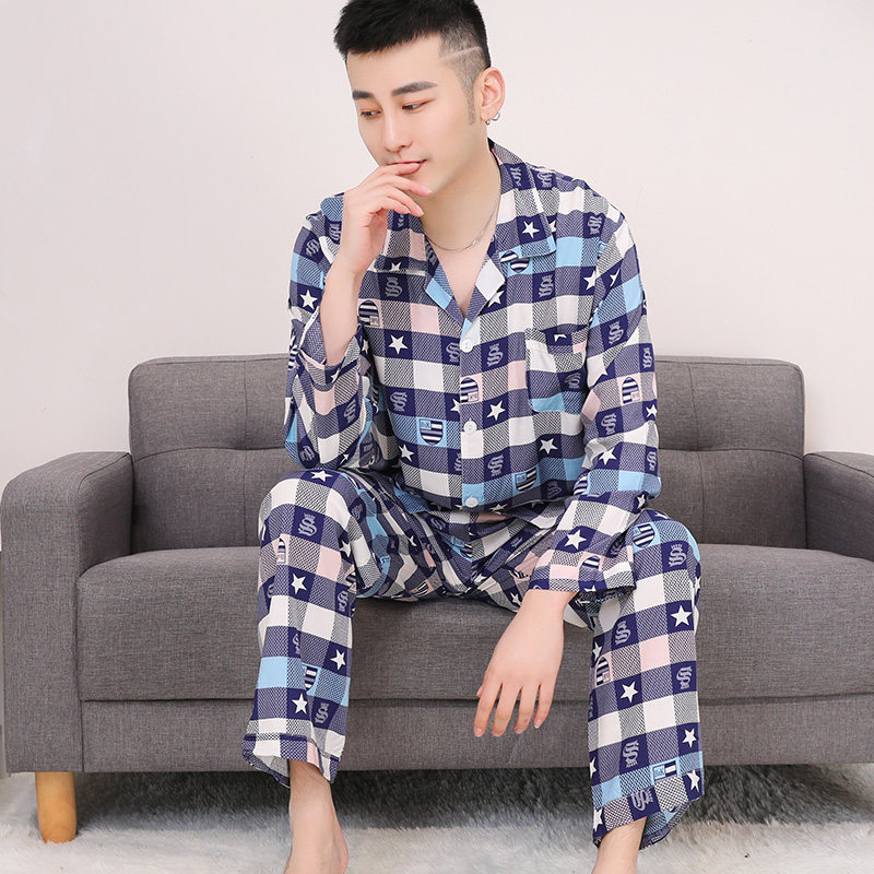 男士夏季青年人造棉薄加大长袖睡衣 爱唯美服饰睡衣/家居服套装