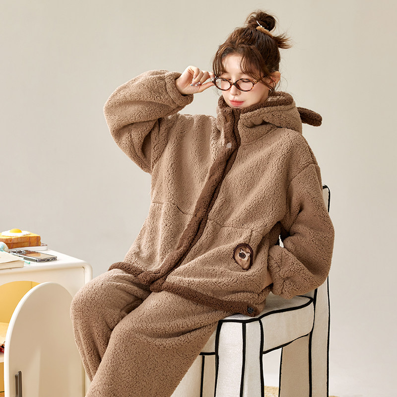 秋冬季羊羔绒睡衣女卡通可爱连帽巨保暖加厚宽松家居服套装冬季,淘宝优惠券,粉丝福利购,淘宝优惠卷