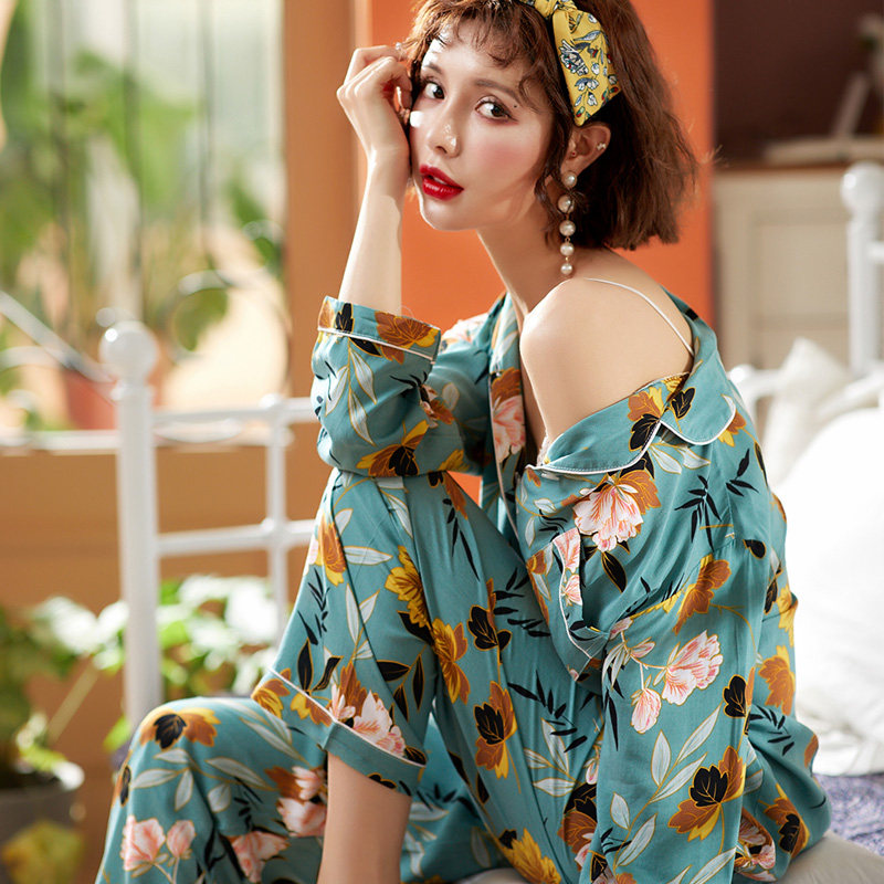 春夏翻领卡通长袖长裤人造棉睡衣 爱唯美服饰睡衣/家居服套装