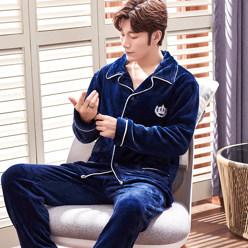 秋冬天珊瑚绒男士青年长袖套装睡衣 爱唯美服饰睡衣/家居服套装