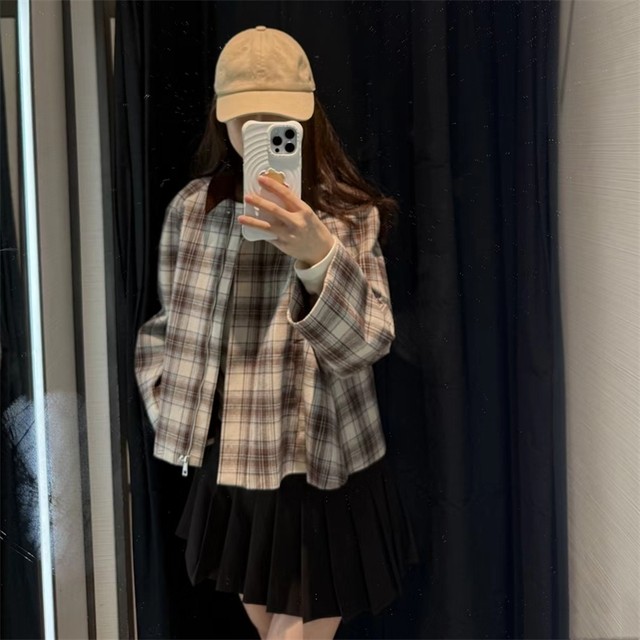 Plaid loose cape long sleeve short jacket