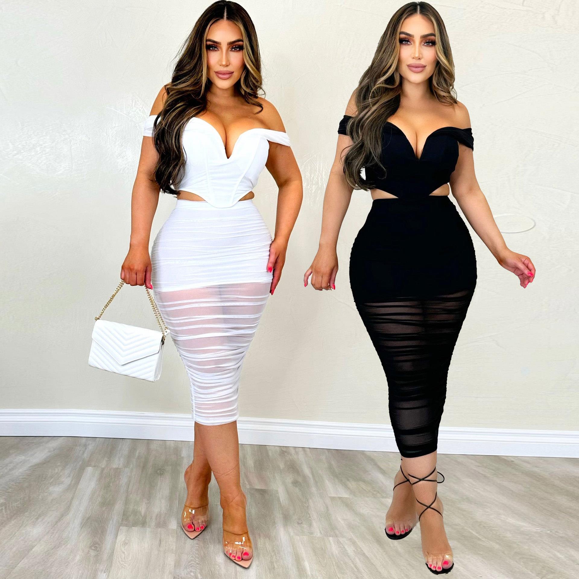 sexy party dress white black two pieces suits new night club - 图0