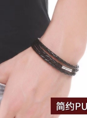 小众设计高级感黑色皮质编织手绳男女学生日韩土酷嘻哈情侣手链潮