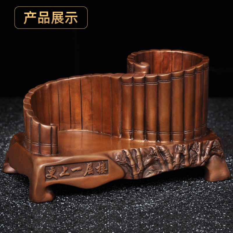 紫铜更上一层楼笔筒摆件步步高升高档铜笔筒家居书房办公室装饰品