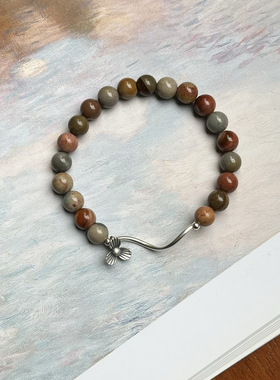 「湖底」天然6mm海洋木化石手串s925纯银白水晶手链原创手饰礼物