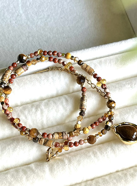 「余晖晚照」天然石项链虎眼石吊坠图画石红花石琉璃撞色锁骨链