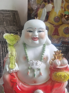 陶瓷色油哈哈佛弥勒佛坐莲花笑佛如意聚宝盆笑佛工艺品装饰摆设