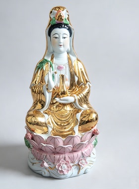 陶瓷南海观世音玉净瓶菩萨佛像家用客厅供奉坐莲观音白土观音摆件